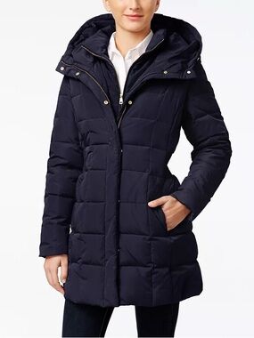 Cole Haan Signature Navy Quilted Hooded Puffer Coat
